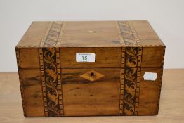 A Victorian Tunbridge ware inlaid ladies box with internal compartments and tray, with key.