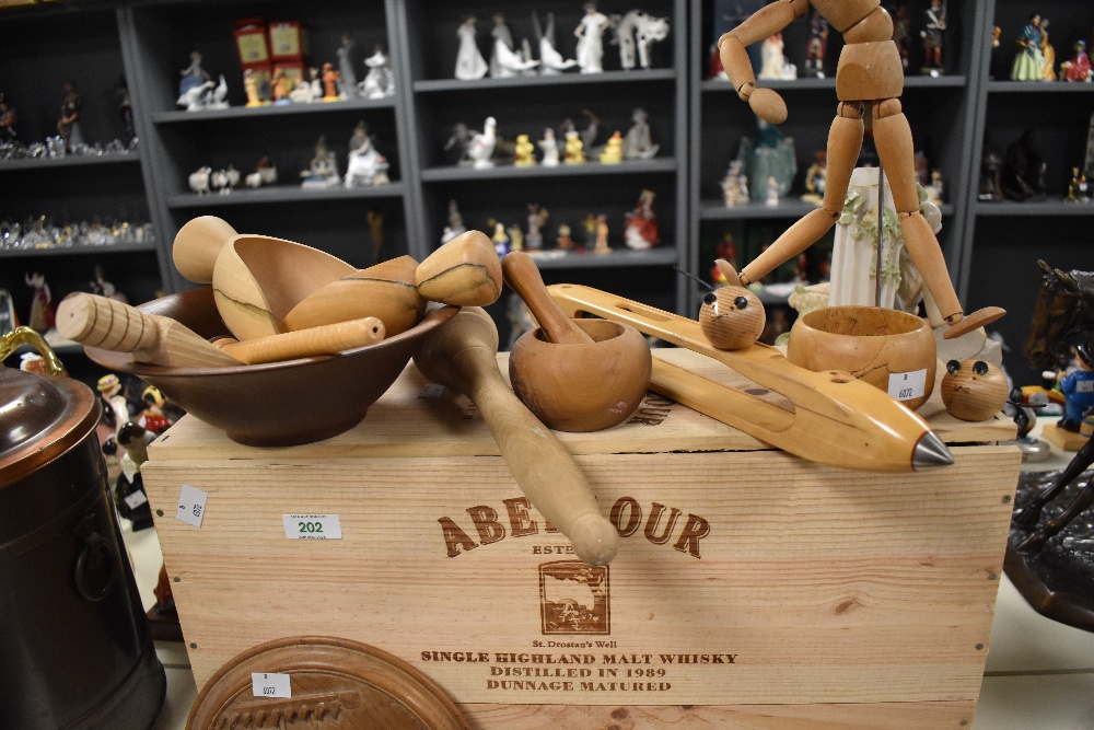 A selection of treen, including pestle and mortar, advertising crate for Aberlour Single Highland - Image 2 of 3