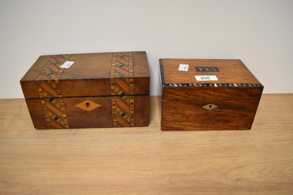 A late 19th / early 20th century tea caddy with inlaid shell decoration to edge and another inlaid