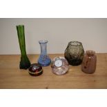 A selection of art glass, including smoky Whitefriars glass vase and green Loetz bud vase.