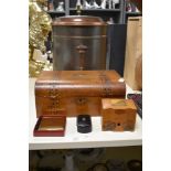 A vintage copper lidded coal bucket, an inlaid 19th century box, Af, a 19th century snuff box, a