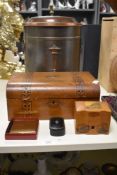 A vintage copper lidded coal bucket, an inlaid 19th century box, Af, a 19th century snuff box, a