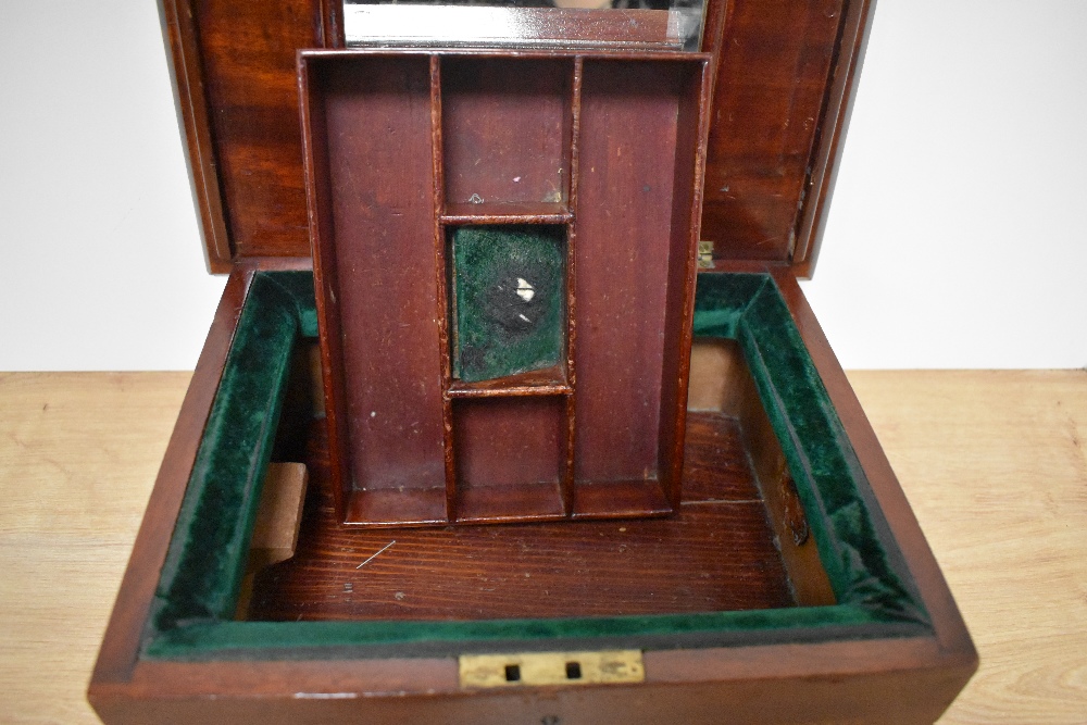An inlaid Victorian mahogany jewellery box, with mirror and tray to inside, AF. - Image 3 of 3