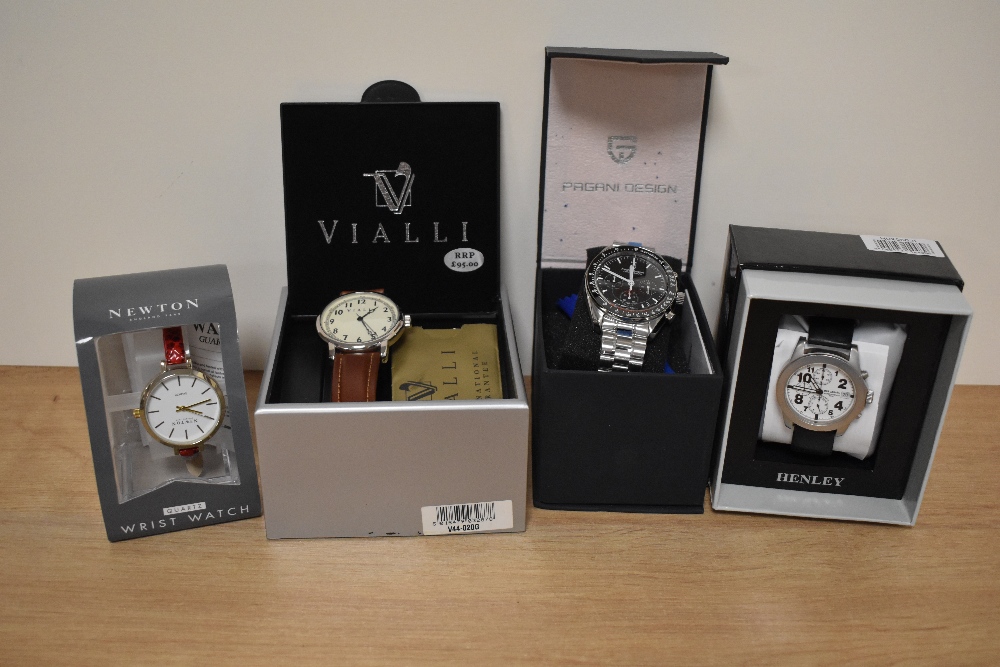 Four watches, as new in boxes, including Newton, Henley, Vialli and Pagani design.