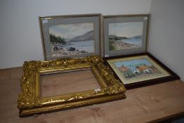 A selection of gilt frames and three watercolours, depicting still life scenes.