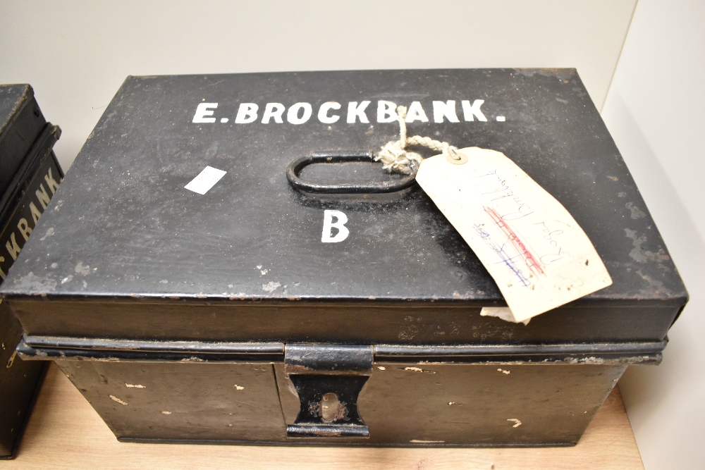 Two early 20th Century black painted tin containers, the largest measures 20cm x 40cm x 26cm - Image 2 of 3