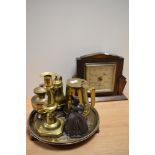 A collection of brass, a bell in the form of a lady and a 1930s barometer, including interesting