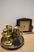 A collection of brass, a bell in the form of a lady and a 1930s barometer, including interesting