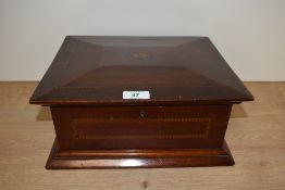 An inlaid Victorian mahogany jewellery box, with mirror and tray to inside, AF.