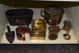 A collection of metal ware, including brass candle box, copper measuring jug, planter and similar.