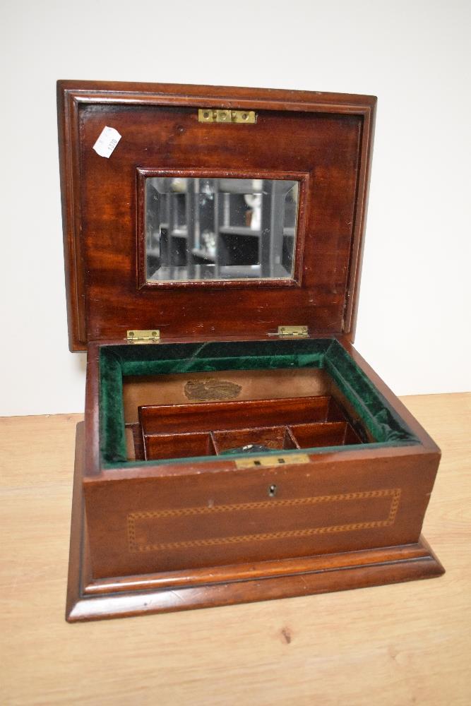 An inlaid Victorian mahogany jewellery box, with mirror and tray to inside, AF. - Image 2 of 3