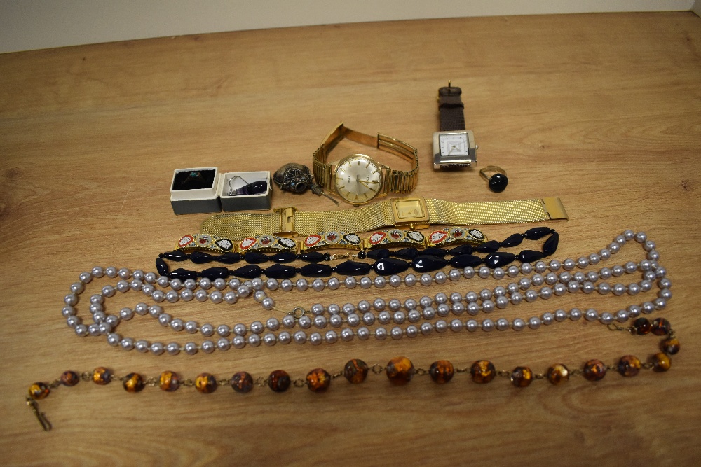 A selection of costume jewellery and wrist watches, including ring, beads and a micro mosaic