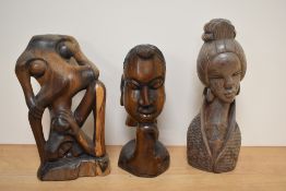 Three 20th century carved hard wood figures, including Geisha.