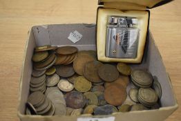 A collection of mixed vintage currency and a Ronson Varaflame lighter in box.