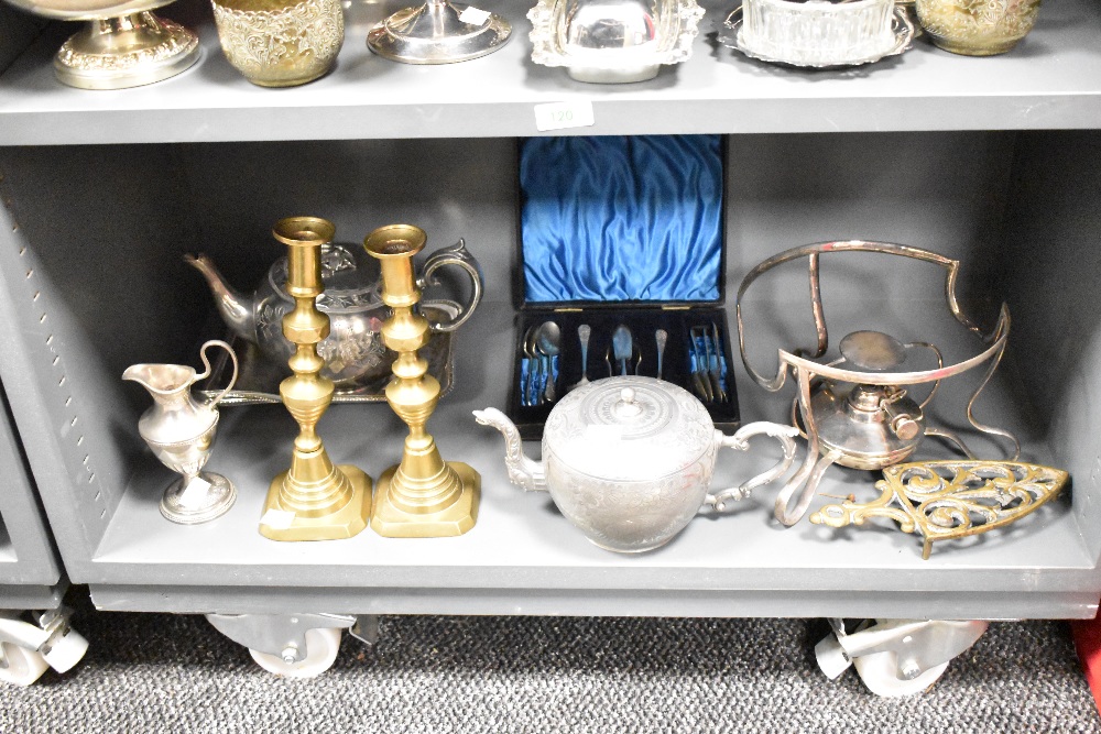 An assorted collection of silver plate and metalware, to include candelabras, cruet stands, candle - Image 2 of 5