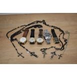 A selection of gents watches, including Timex and Rotary and an assortment of rosary beads.