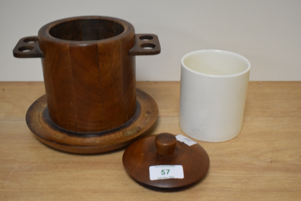 A 1930s treen tobacco jar, having integrated pipe holders to sides and ceramic liner. - Image 2 of 2