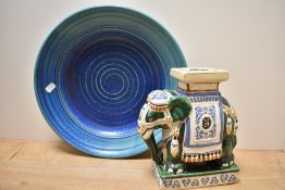 A studio pottery charger, in blue swirled colour way, by John Fraser, Corner cottage, Sewing shields