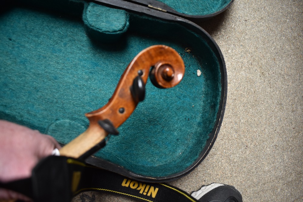 A traditional violin having 13 inch two piece back, with hard case, with printed label J G - Image 3 of 4