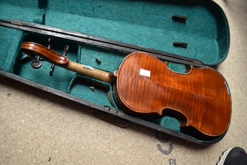A traditional violin having 13 inch two piece back, with hard case, with printed label J G - Image 2 of 4