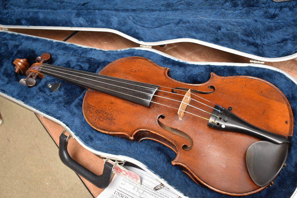 A 19th Century French violin, internally stamped J Barbe Pere, having 14inch one piece back,