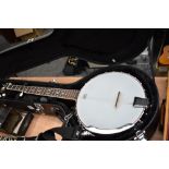 A modern banjo in hard case