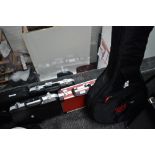 Four empty clarinet cases and two soft gig bags (banjo type)