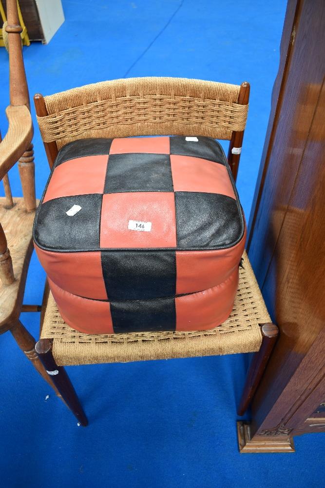 A vintage teak frame dining chair and vintage pouffe