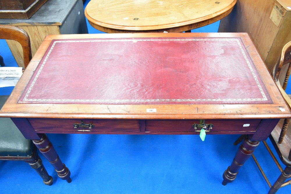 A Victorian Aesthetic style desk having leather inset top and double frieze drawer, on turned