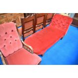 A Victorian mahogany frame chaise longue and similar easy chair