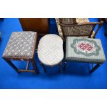 Three assorted stools with upholstered woolwork seats