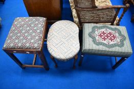 Three assorted stools with upholstered woolwork seats