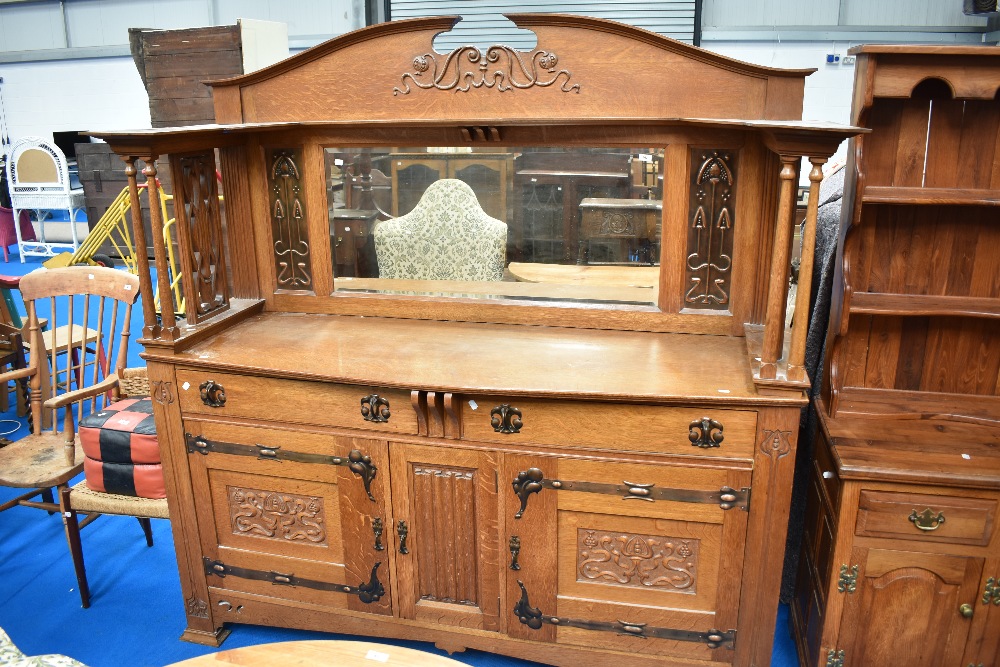 An impressive late 19th Century golden oak mirror back sideboard with both Art Nouveau and Arts