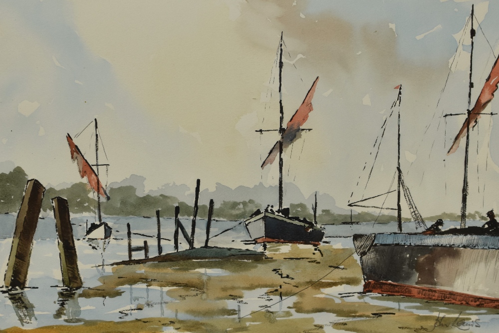 John Lewis (20th Century, British), watercolour, Moored boats, signed to the lower right, framed,