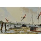 John Lewis (20th Century, British), watercolour, Moored boats, signed to the lower right, framed,