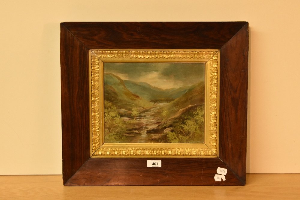 19th Century School, oil on canvas, A hilly landscape with river to the centre, framed, mounted, and - Image 2 of 3