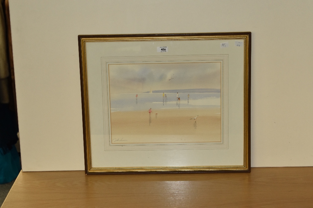 20th Century School, watercolour, A coastal landscape with figures paddling, signed to the lower - Image 2 of 4
