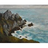 John Cooke (1929-2018, British), oil on canvas, An imposing, rocky coastal landscape, signed to