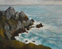 John Cooke (1929-2018, British), oil on canvas, An imposing, rocky coastal landscape, signed to