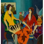 Itzchak Tarkay (1935-2012, Israeli), serigraph, 'Parlour Time', a vibrantly coloured illustrating