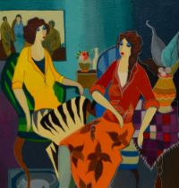 Itzchak Tarkay (1935-2012, Israeli), serigraph, 'Parlour Time', a vibrantly coloured illustrating