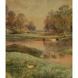 J. Scott (19th/20th Century, British), watercolour, A pastoral landscape with watering cattle,