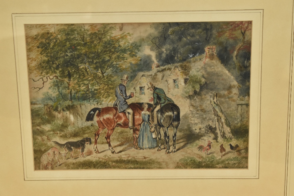 19th Century School, watercolour, Two courting gentlemen on horseback, framed, mounted, and under - Image 3 of 4