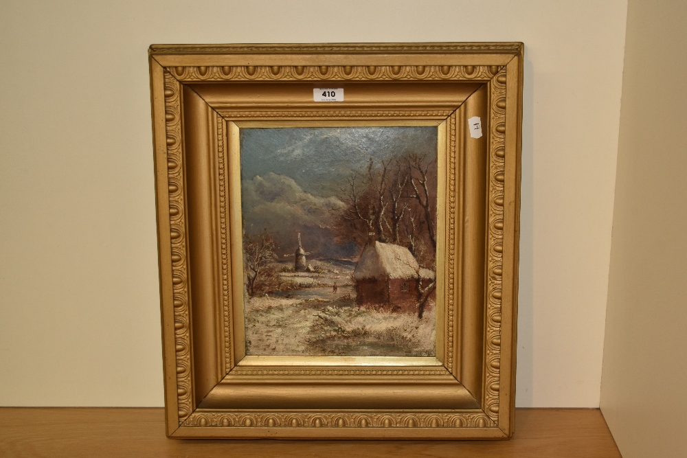 19th Century Dutch School, oil on canvas, A moonlit winter landscape depicting ice skater with - Image 2 of 3