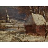 19th Century Dutch School, oil on canvas, A moonlit winter landscape depicting ice skater with