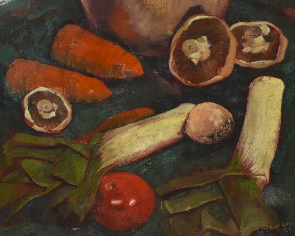 L.A. Gordon (20th Century, British), oil on board, 'Leeks and Mushrooms', a mid-20th Century still