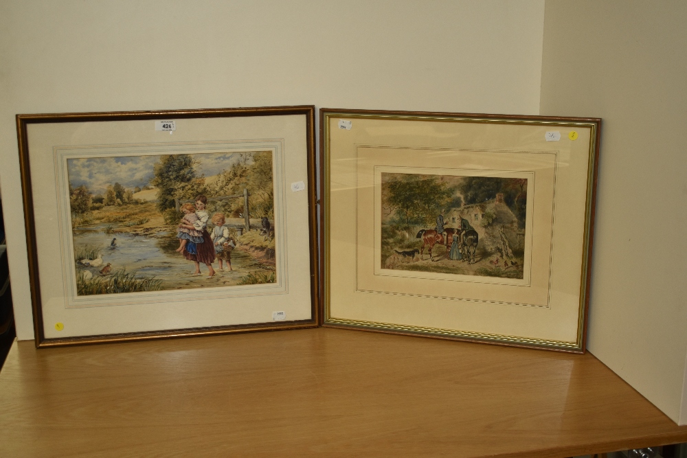 19th Century School, watercolour, Two courting gentlemen on horseback, framed, mounted, and under - Image 2 of 4