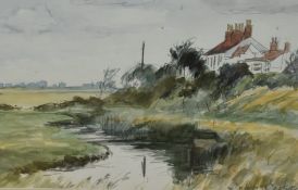 John Cooke (1929-2018, British), watercolour, Countryside cottages by a river, signed to the lower