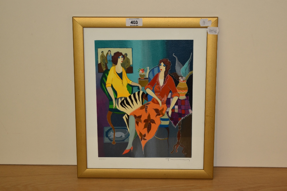 Itzchak Tarkay (1935-2012, Israeli), serigraph, 'Parlour Time', a vibrantly coloured illustrating - Image 2 of 4