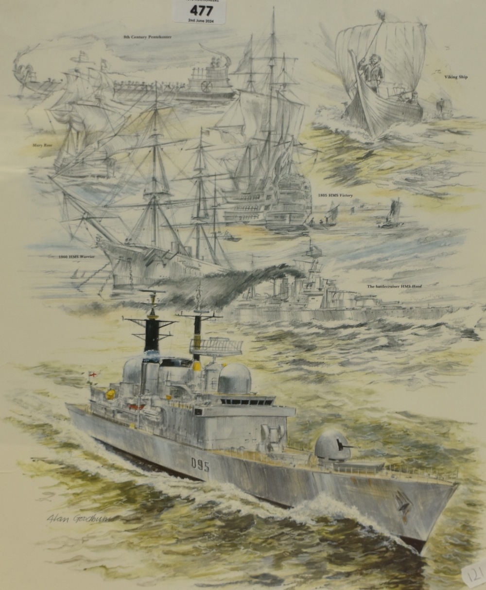 After Alan Goodburn (20th Century), coloured print, A battleship illustration depicting 8th